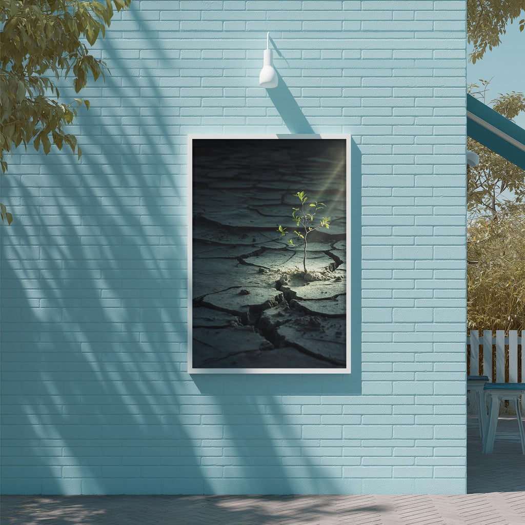 a blue brick wall with a framed photograph of a small plant growing in the cracks, creating a sense of resilience and growth in the face of adversity.