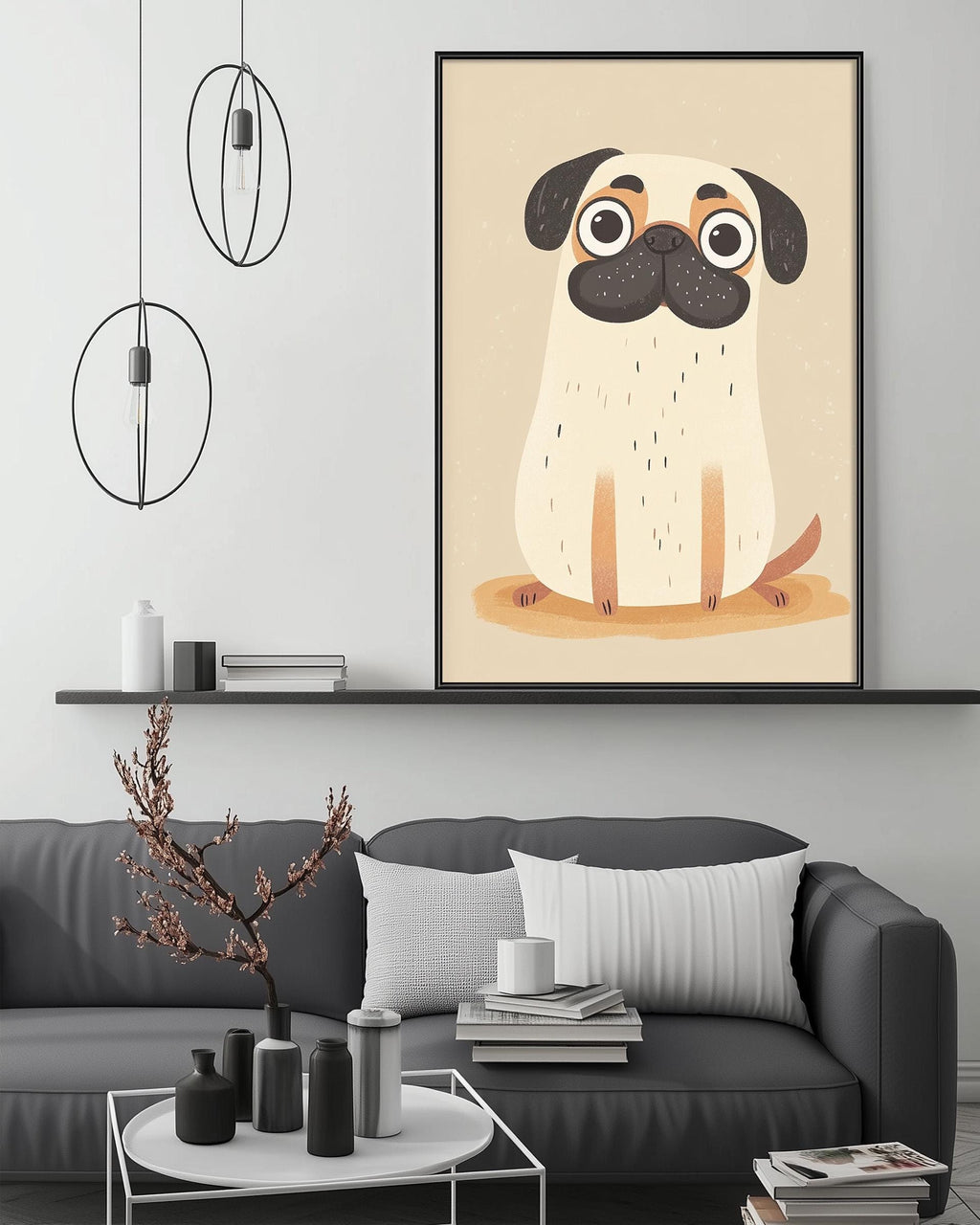 a cozy living room with a gray couch, a coffee table, and a large framed illustration of a cute pug dog on the wall.
