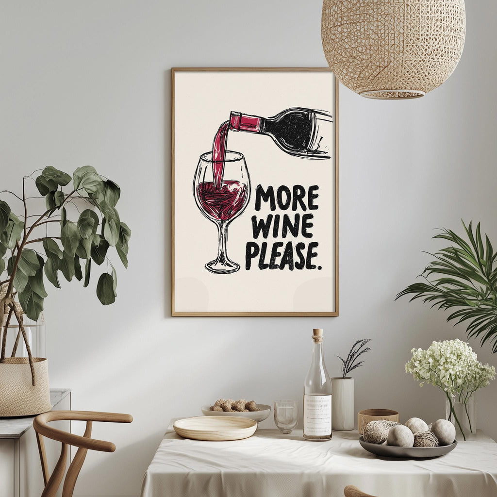 a framed poster with the text "MORE WINE PLEASE" hanging on a wall above a dining table with various items on it, such as a bottle, a bowl, and a vase.