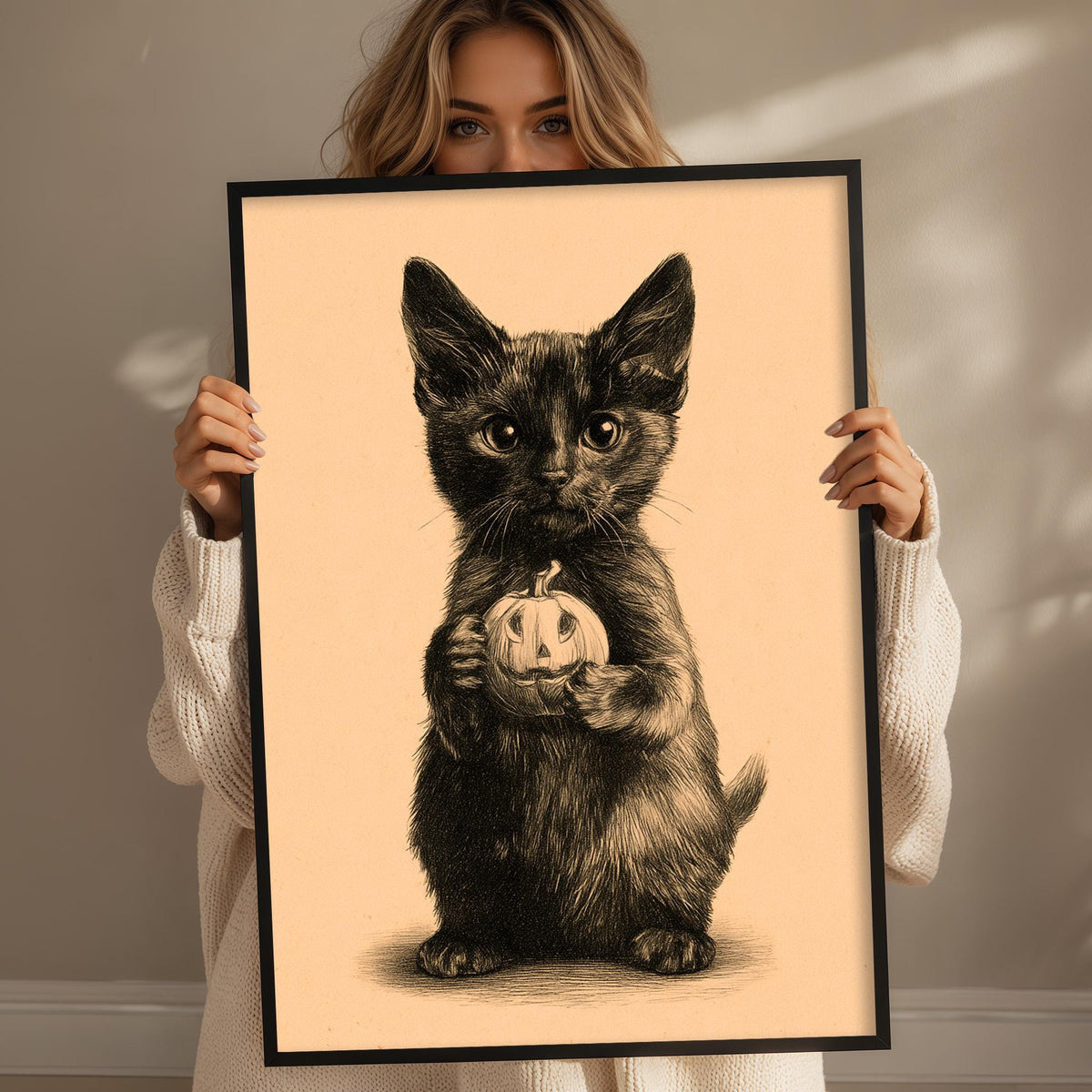 A woman holds a framed picture of a kitten holding a pumpkin.