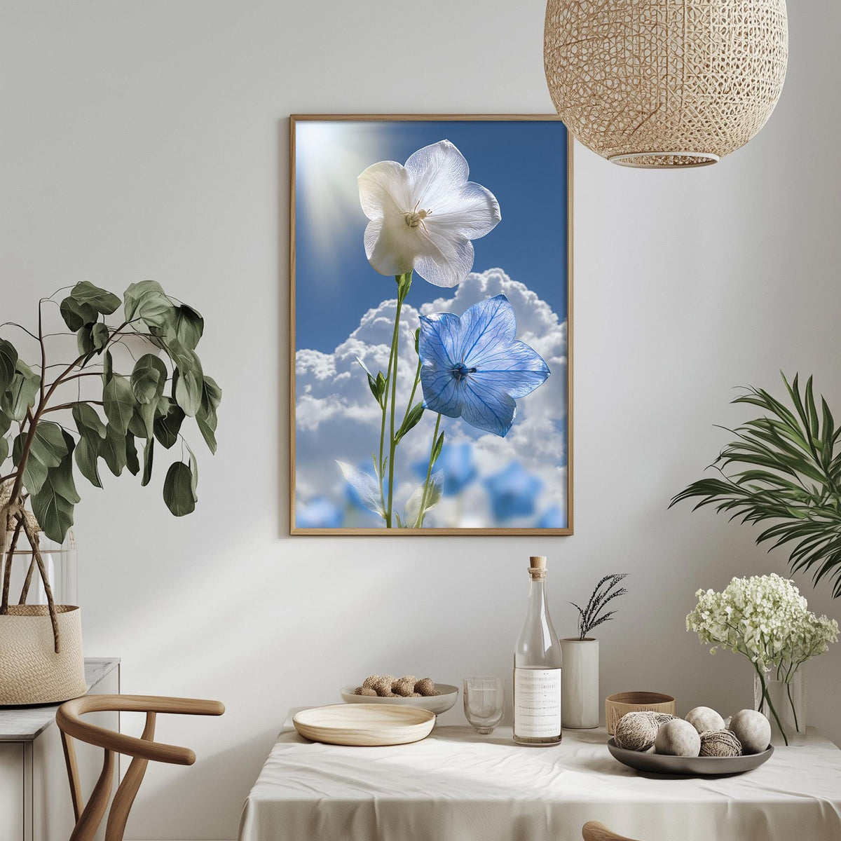 a serene indoor setting with a framed picture of two white and blue flowers hanging on the wall, a table with a vase of white flowers, and a potted plant.