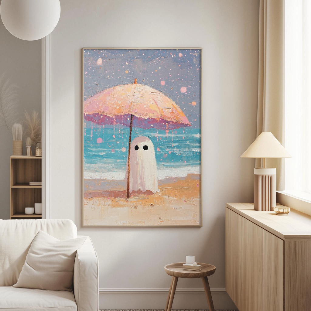 a large painting of a ghost standing on a beach under a pink umbrella, with a blue ocean and sky in the background.