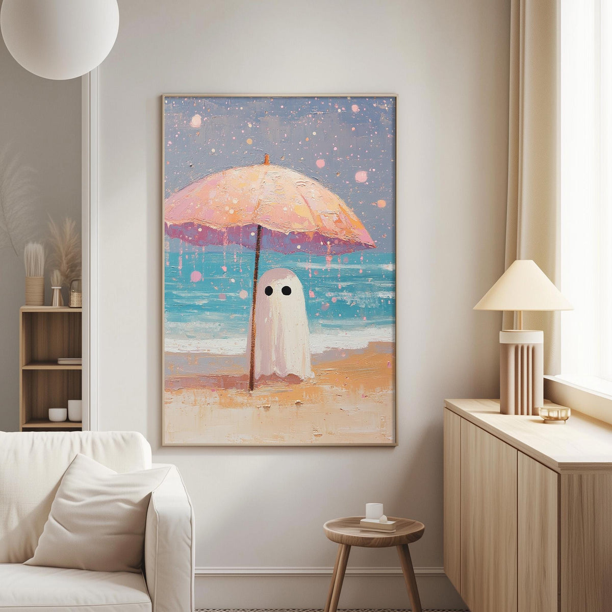 a large painting of a ghost standing on a beach under a pink umbrella, with a blue ocean and sky in the background.