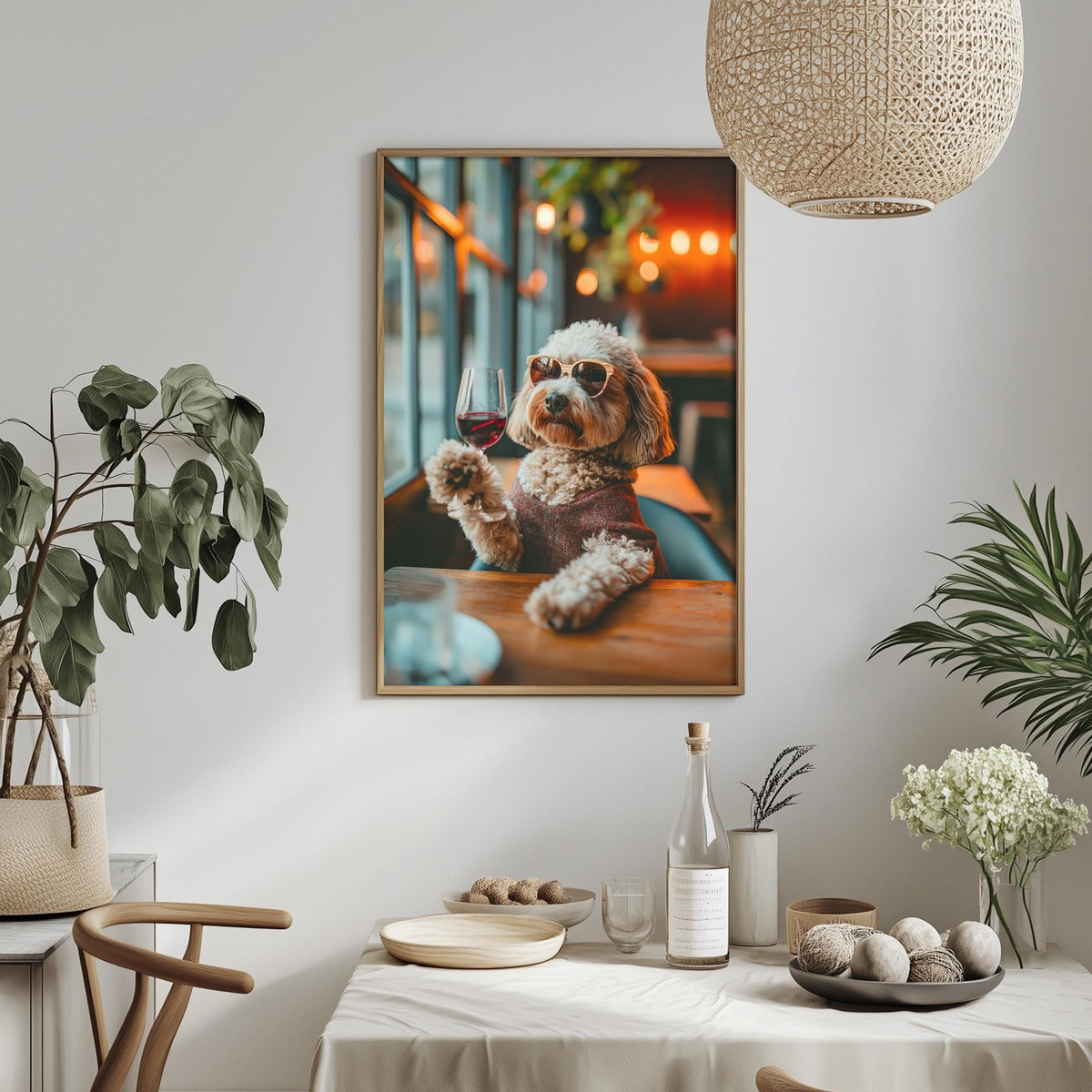 a framed photograph of a dog sitting at a table, holding a wine glass and appearing to enjoy a drink. The dog is wearing sunglasses and has a relaxed, content expression. The photograph is hung on a wall above a dining table, which has various items on it, including a bottle, a bowl, and a vase. The room also has potted plants and a hanging light fixture, creating a cozy and inviting atmosphere.