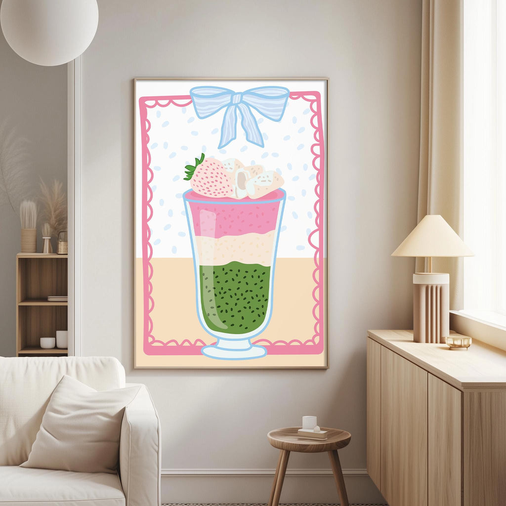 a large framed poster of a colorful ice cream sundae on a wall in a living room.
