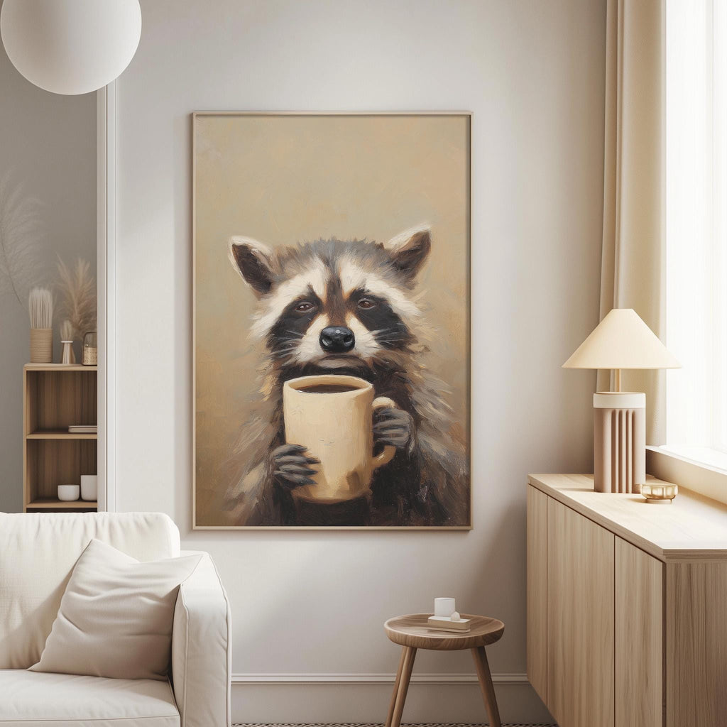 a raccoon holding a coffee mug in a cozy living room setting.