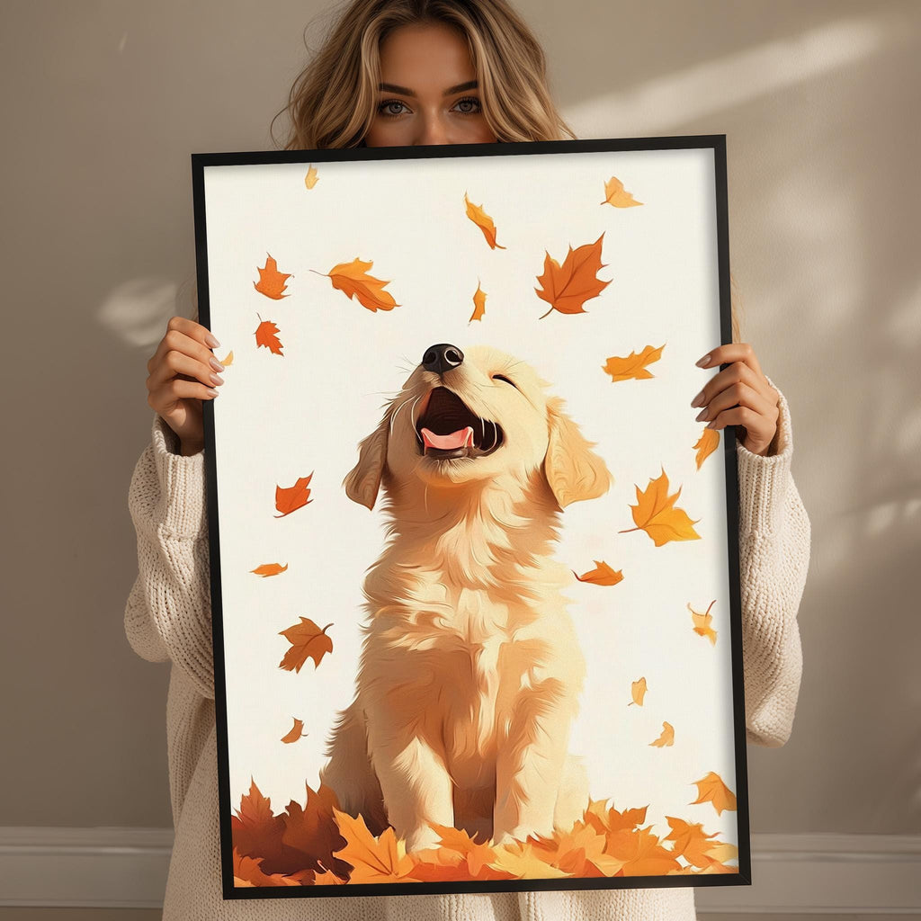 A woman holds up a framed picture of a golden retriever dog with its mouth open, surrounded by falling orange leaves.