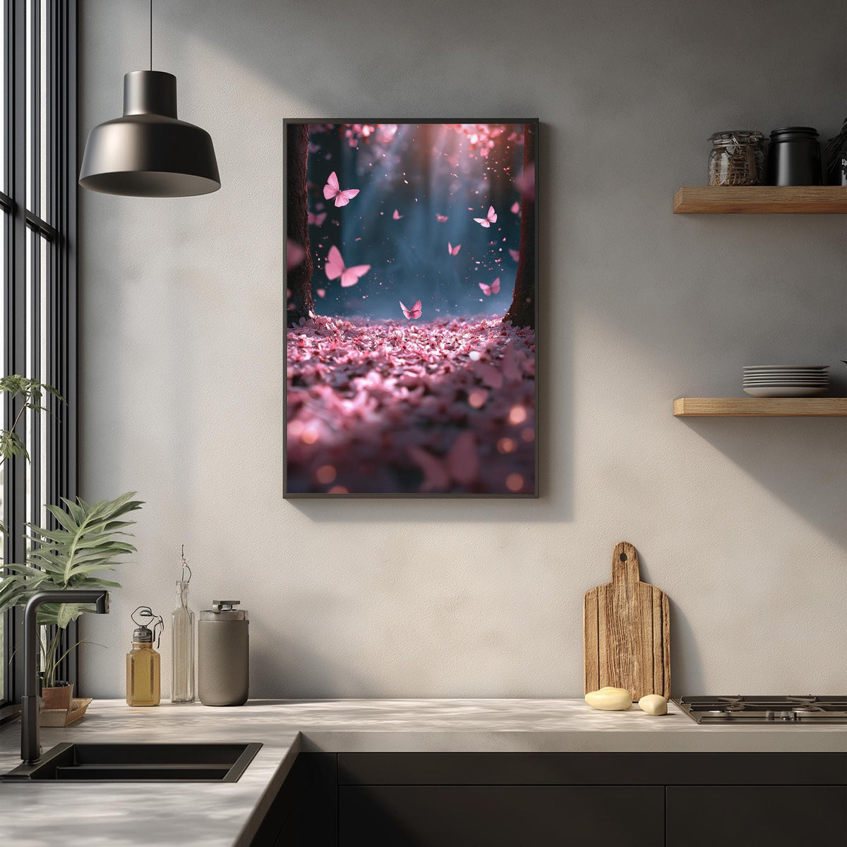 a kitchen counter with a framed picture of pink flowers and butterflies hanging on the wall above it. The counter also has various kitchen items such as a cutting board, a soap dispenser, and a bottle.