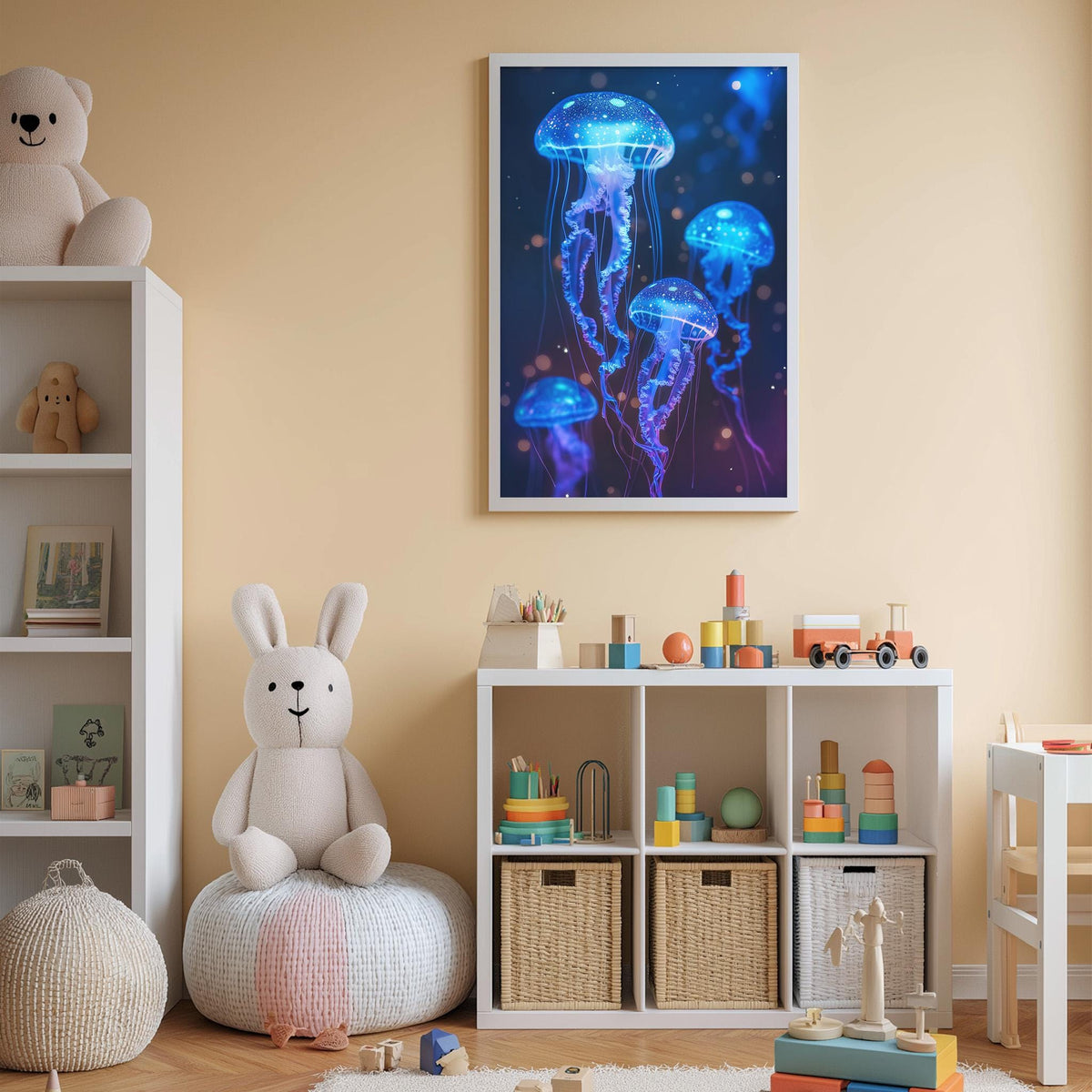 A cozy children's room with a large stuffed rabbit, a bookshelf, and a colorful toy box filled with various toys. A framed artwork of jellyfish is displayed on the wall above the toy box.