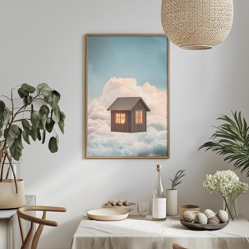 a cozy dining area with a table set for a meal, surrounded by potted plants and a hanging light fixture. A framed picture of a house floating in the clouds is displayed on the wall above the table.
