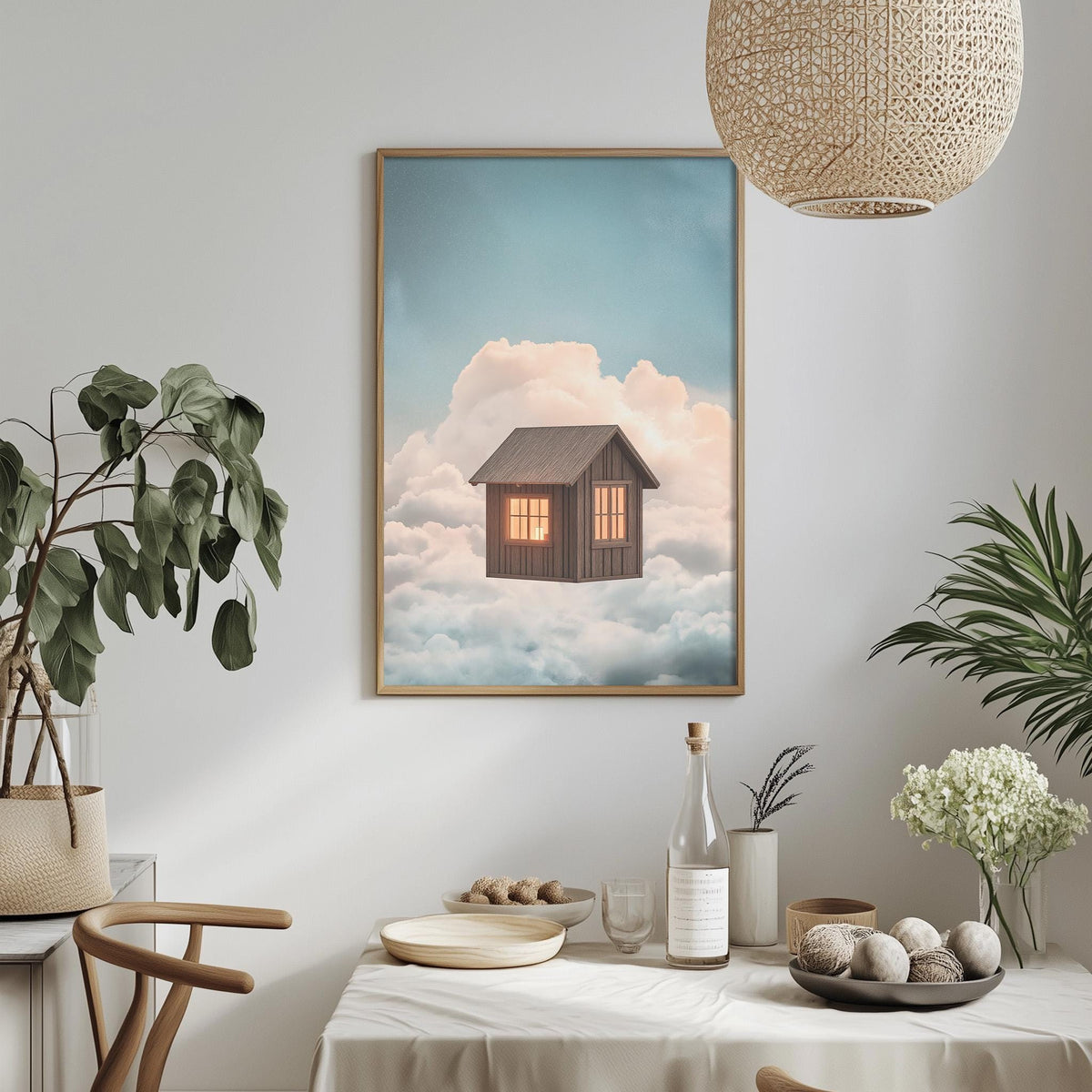 a cozy dining area with a table set for a meal, surrounded by potted plants and a hanging light fixture. A framed picture of a house floating in the clouds is displayed on the wall above the table.