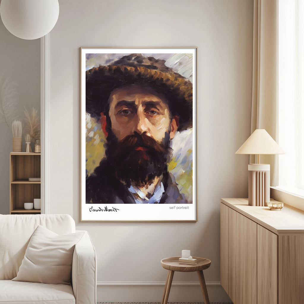 a large portrait of a man with a beard hanging on a wall in a living room.