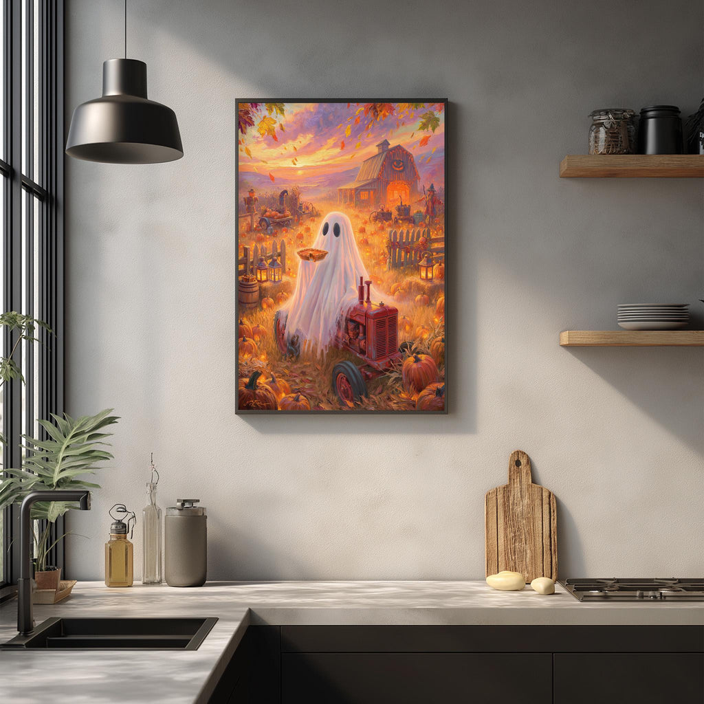 a Halloween-themed painting of a ghost standing in a field with a tractor, pumpkins, and a barn in the background.