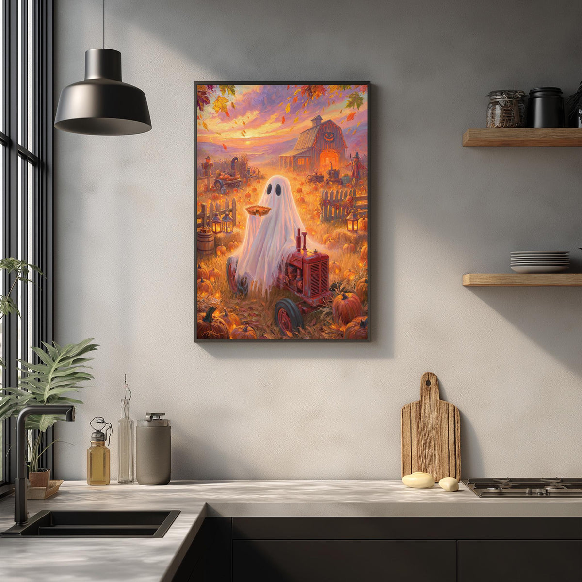a Halloween-themed painting of a ghost standing in a field with a tractor, pumpkins, and a barn in the background.