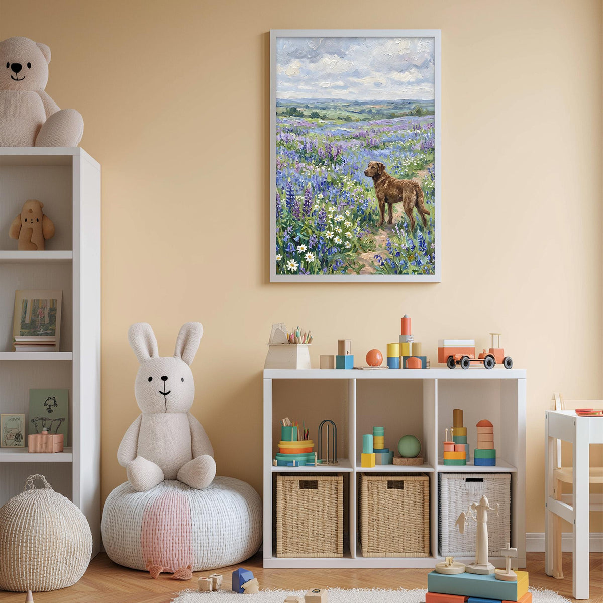 A cozy children's room with a large stuffed bunny, a toy train, and a framed painting of a dog in a field of flowers. The room also contains shelves with toys and storage bins.