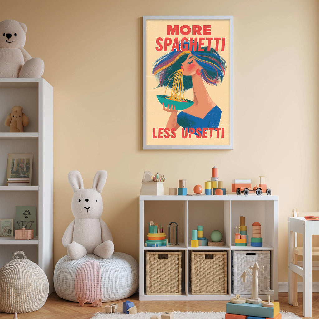 a child's bedroom with a large poster of a woman eating spaghetti, a stuffed rabbit, a bookshelf, and a toy train.
