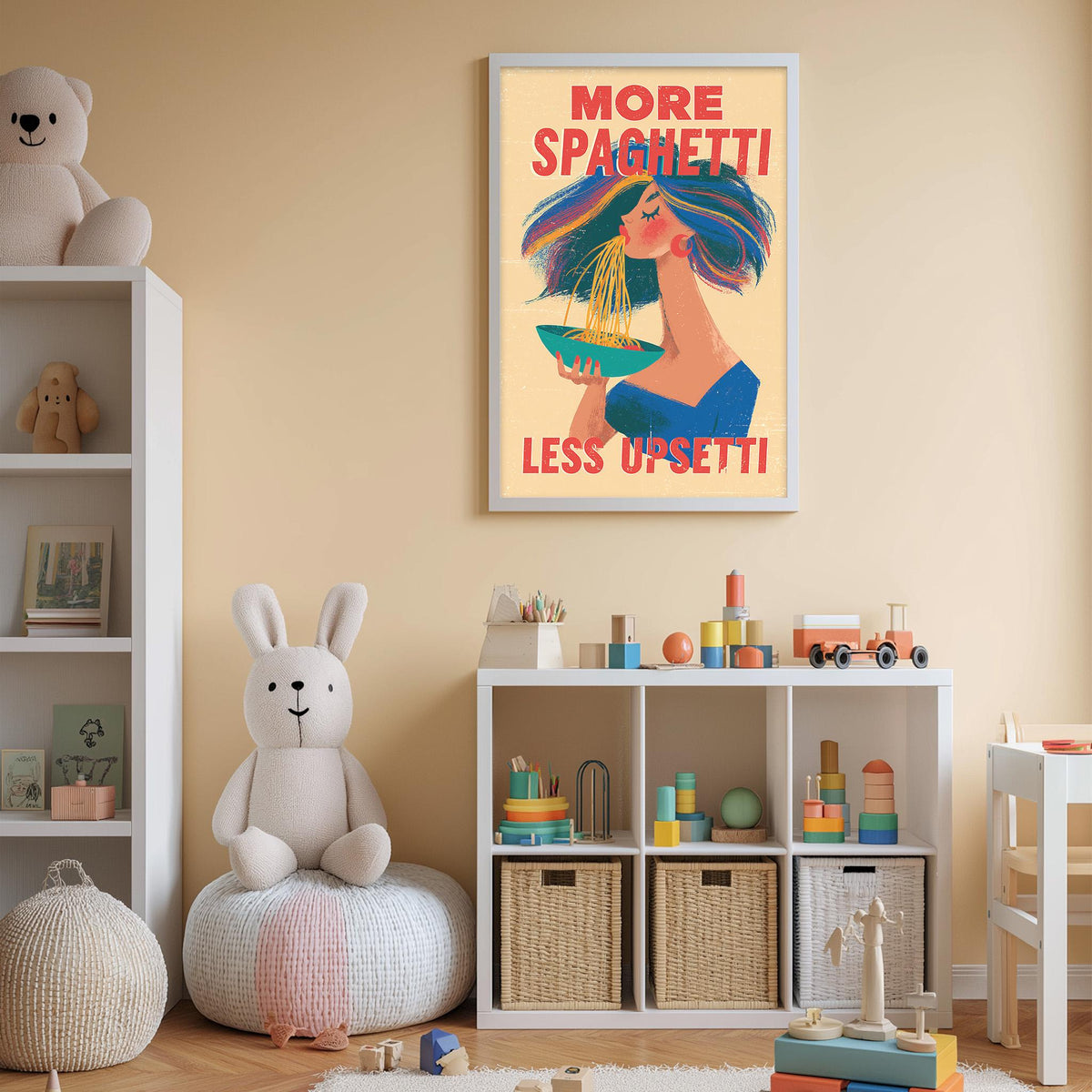a child's bedroom with a large poster of a woman eating spaghetti, a stuffed rabbit, a bookshelf, and a toy train.