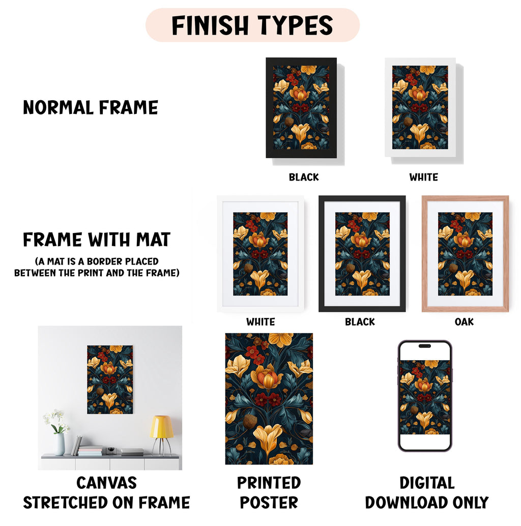 various types of artwork, including a floral print, a framed print, a canvas print, and a poster. The artwork is presented in different frame styles, such as a normal frame, a black frame, a white frame, and an oak frame. The artwork is also described as a canvas stretched on a frame, a printed poster, and a digital download only. The image is a collage of multiple images, and the text provides information about the artwork, such as the frame style and the type of print.