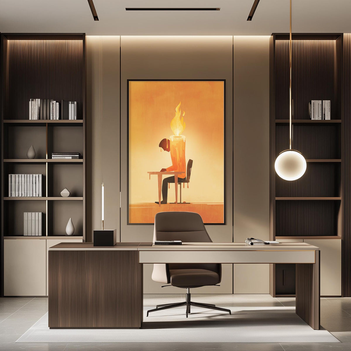 a modern and minimalist office space with a large desk, a comfortable chair, and a striking artwork featuring a person sitting at a desk with a lit candle in front of them.
