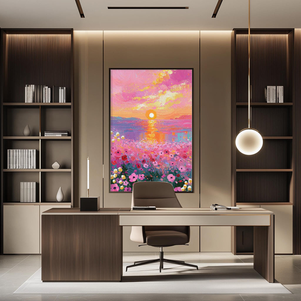 a modern and well-lit office space with a large painting of a colorful sunset over a field of flowers hanging on the wall. The office features a wooden desk, a comfortable-looking chair, and a bookshelf filled with books and decorative items.