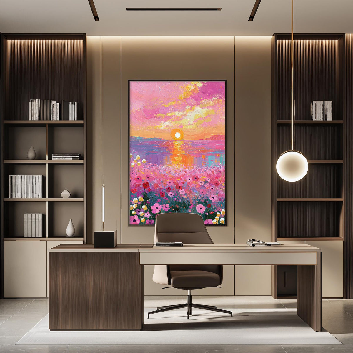 a modern and well-lit office space with a large painting of a colorful sunset over a field of flowers hanging on the wall. The office features a wooden desk, a comfortable-looking chair, and a bookshelf filled with books and decorative items.