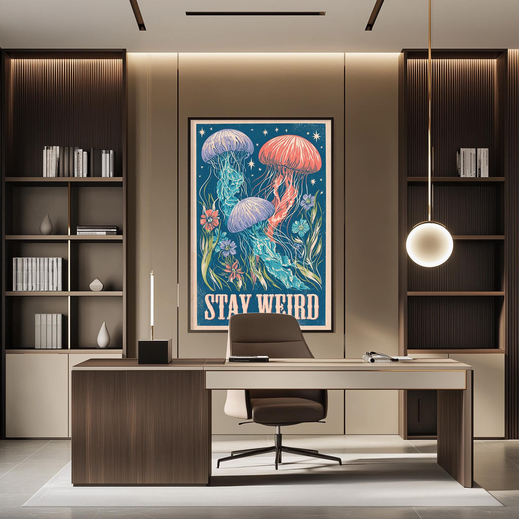 a modern office space with a large framed poster of jellyfish on the wall, a desk with a chair, and a bookshelf.