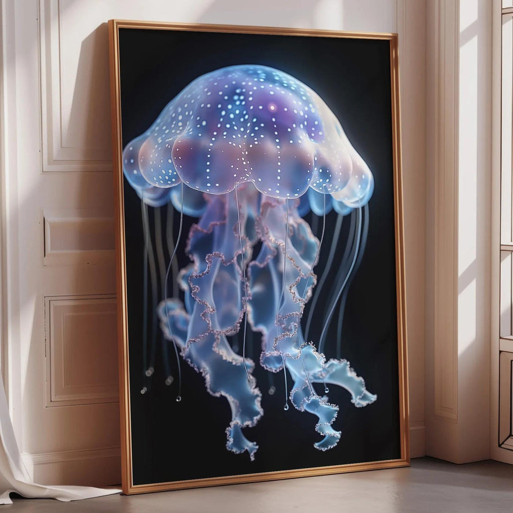 a large, framed picture of a jellyfish with a glowing, translucent body and tentacles.