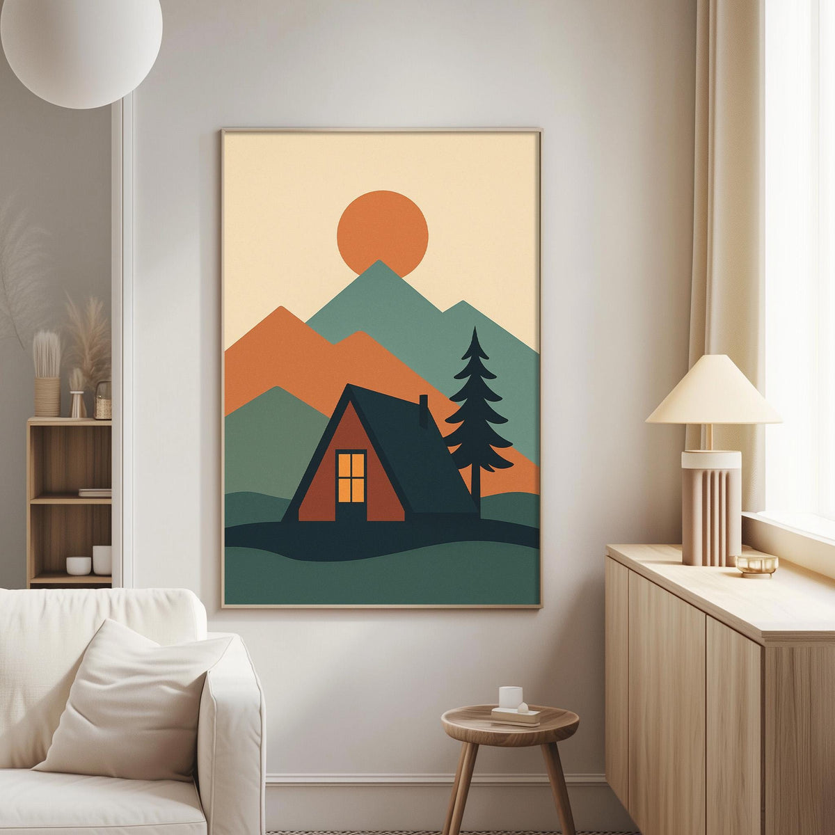 a cozy cabin nestled in a mountainous landscape, with a warm orange and green color palette.