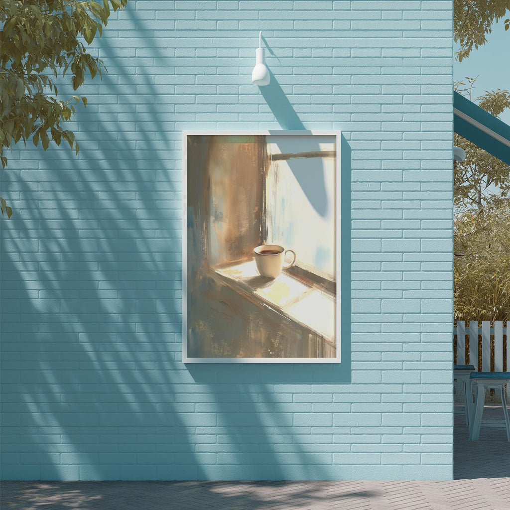 A framed painting of a cup of coffee on a windowsill is displayed on a light blue brick wall, with a white light fixture above it.