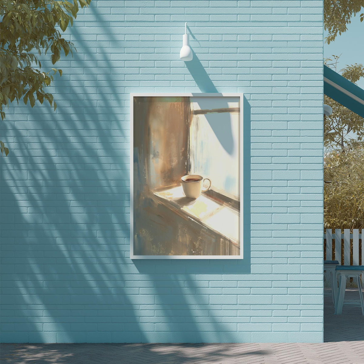 A framed painting of a cup of coffee on a windowsill is displayed on a light blue brick wall, with a white light fixture above it.