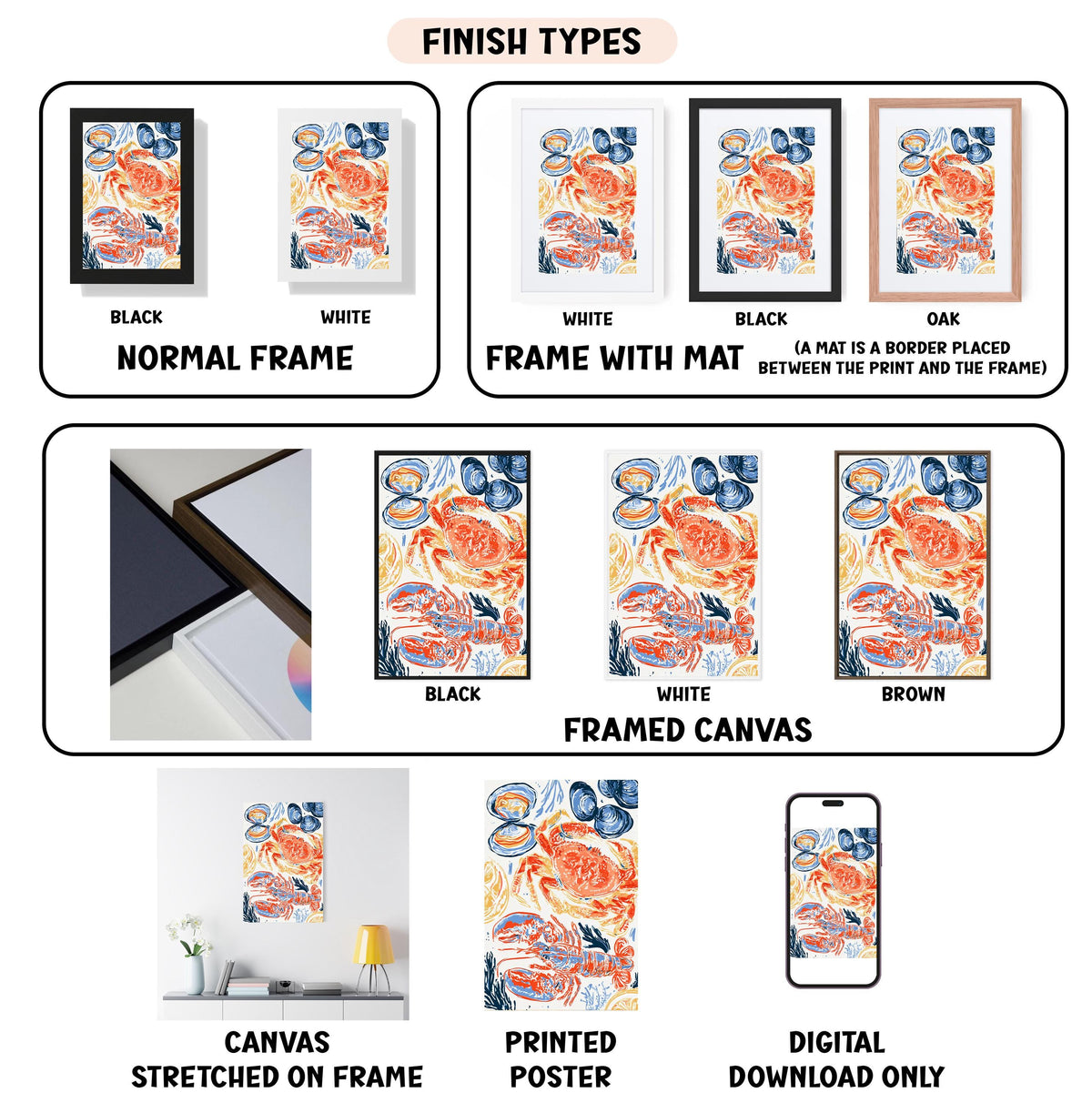 various types of artwork, including framed prints, canvas prints, and digital art, each with different finishes and mat colors.