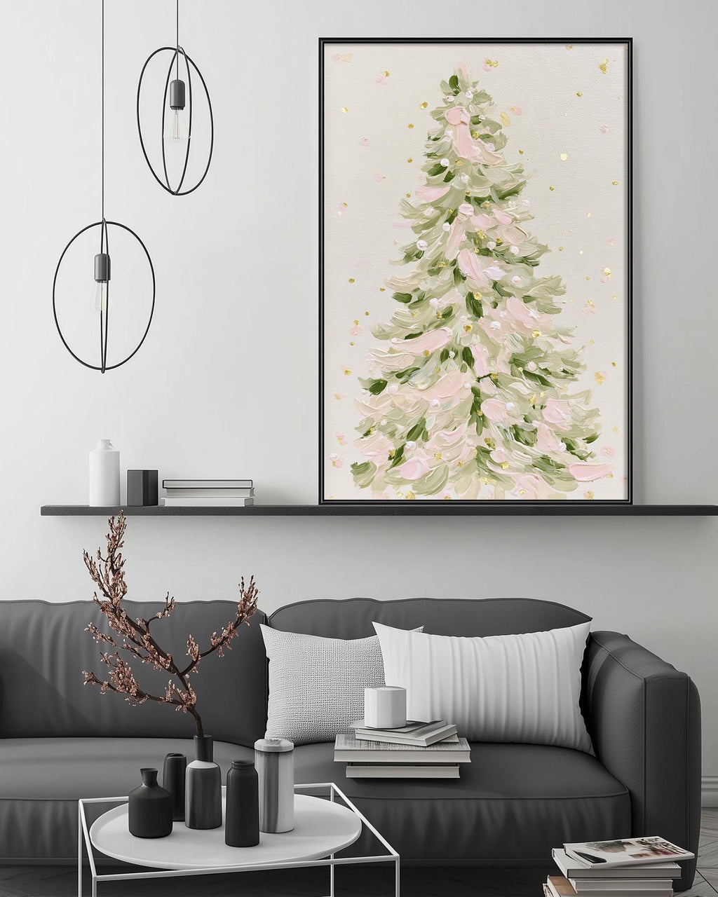 a living room with a gray sofa, a coffee table, and a large framed painting of a green and pink tree hanging above the sofa.