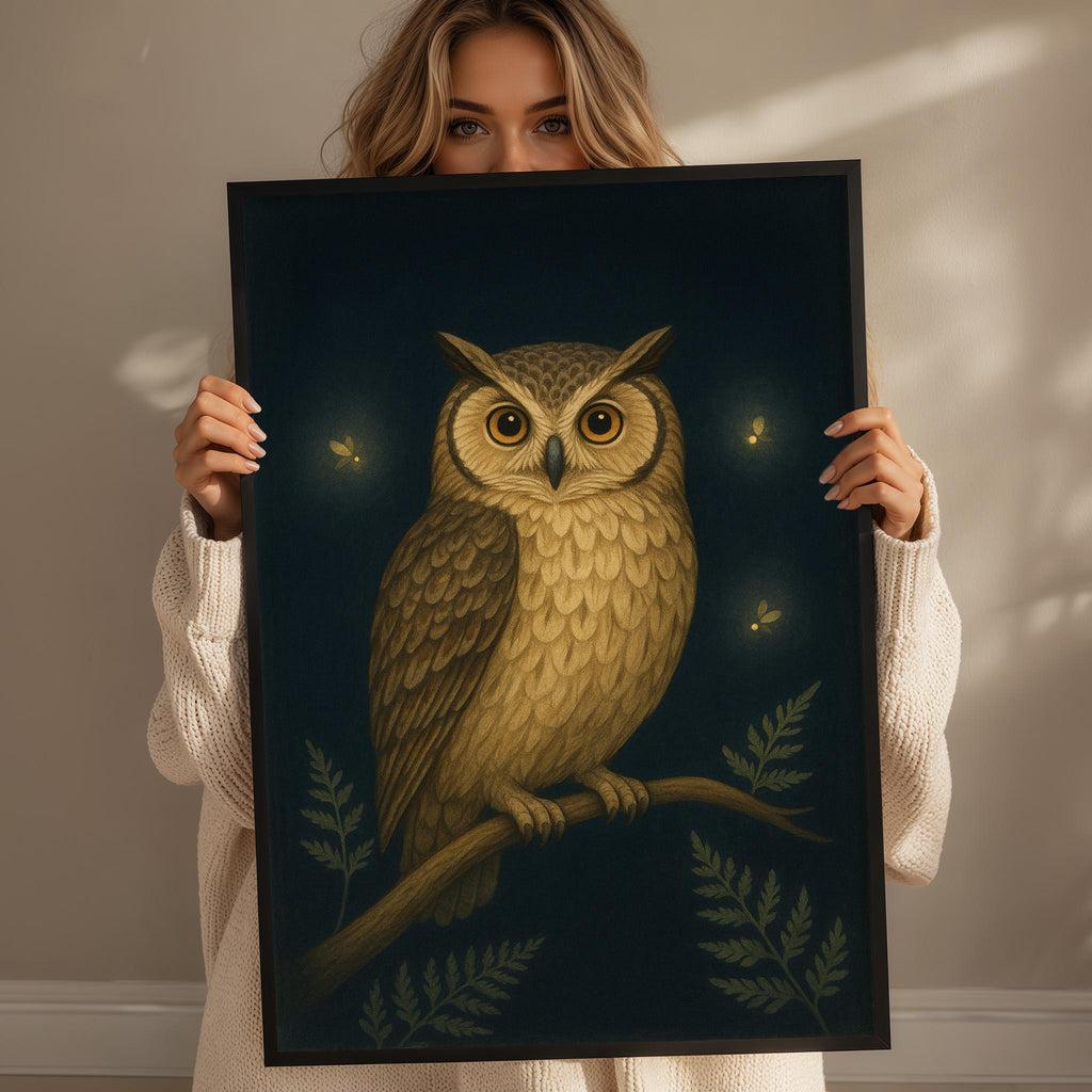 A woman holds a framed painting of an owl on a branch, with a background of leaves and glowing insects.
