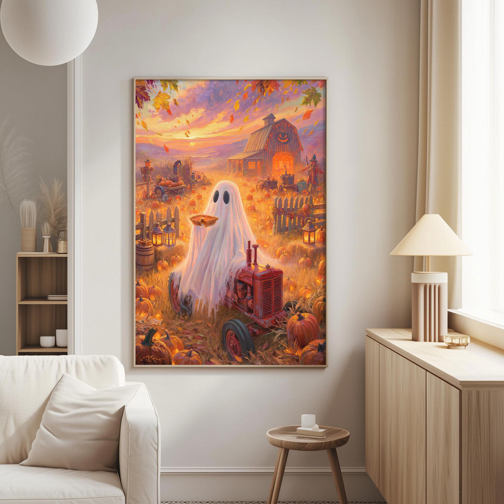 a large painting of a ghost in a pumpkin patch, with a tractor and barn in the background, all set against a colorful autumn landscape.