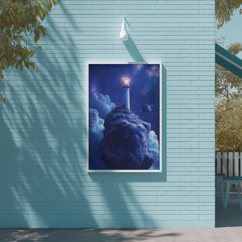 a large, framed painting of a lighthouse on a rocky cliff, set against a starry night sky.