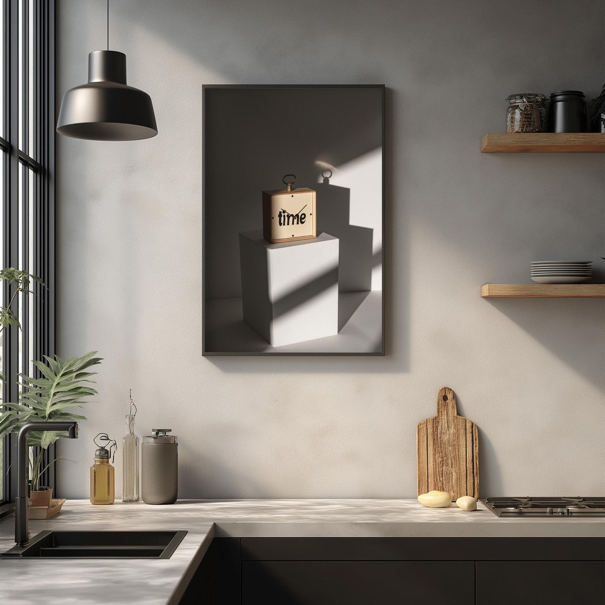 a modern kitchen with a minimalist design, including a framed artwork on the wall, a wooden cutting board, and various kitchen accessories such as a bottle, a cup, and a bowl.