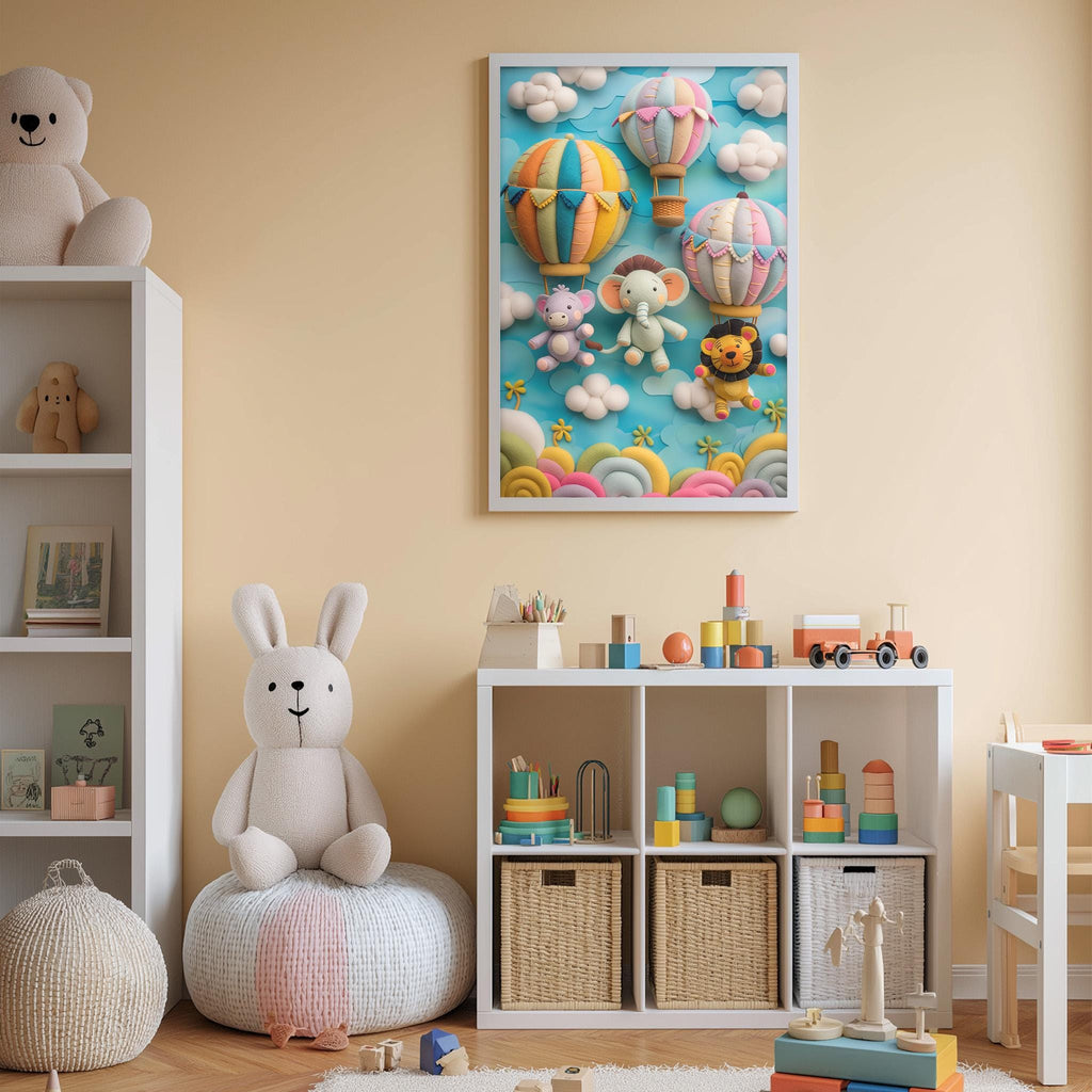 A child's bedroom with a large stuffed rabbit, a toy train, and a colorful poster of hot air balloons on the wall.