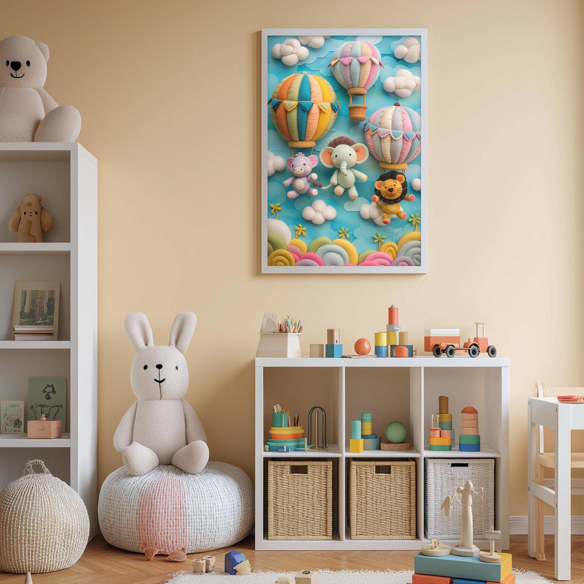 A child's bedroom with a large stuffed rabbit, a toy train, and a colorful poster of hot air balloons on the wall.