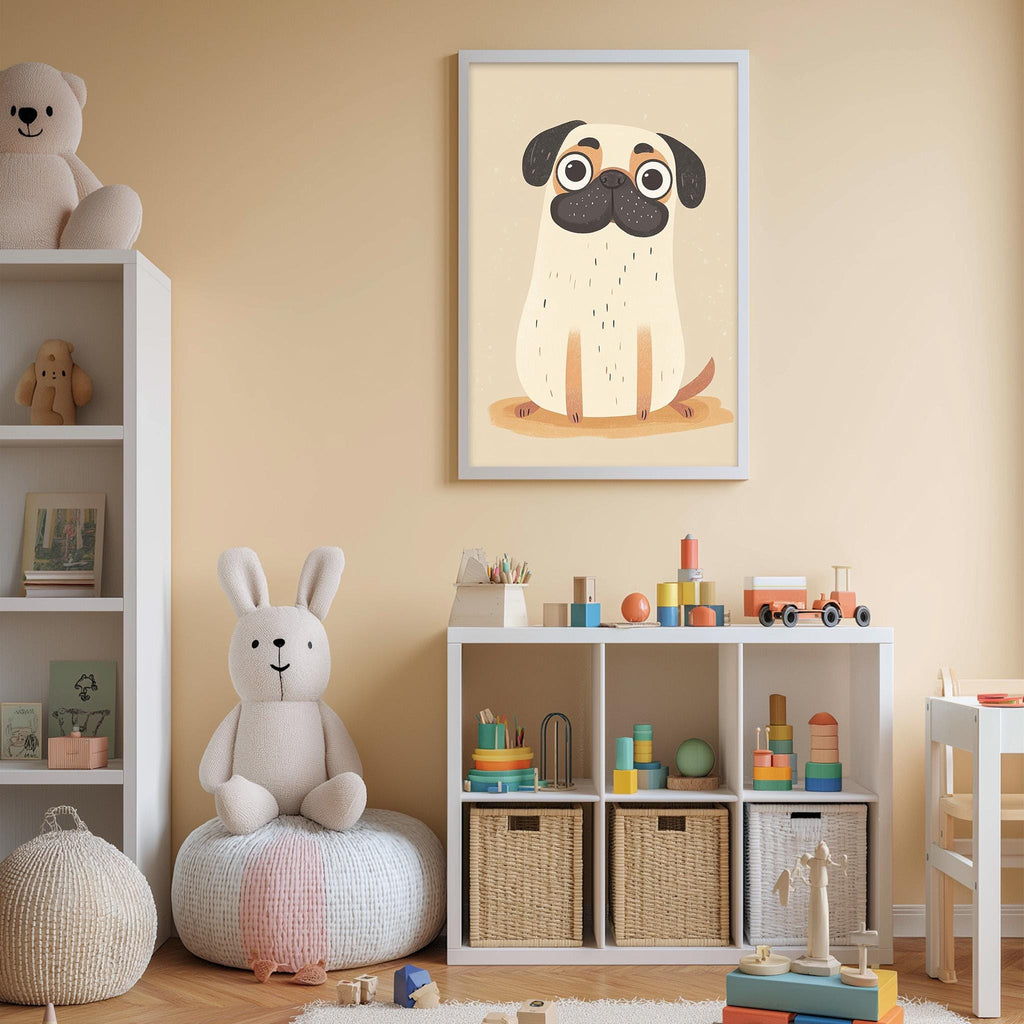 A cozy children's room with a stuffed rabbit, a pug dog, and a bookshelf filled with toys and books.