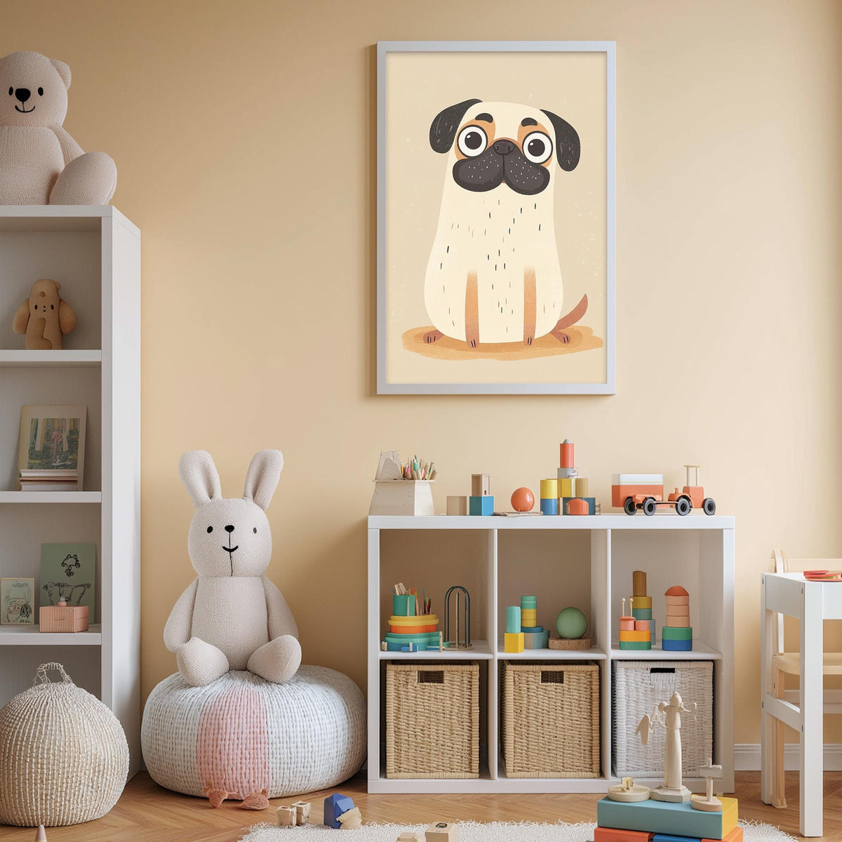 A cozy children's room with a stuffed rabbit, a pug dog, and a bookshelf filled with toys and books.