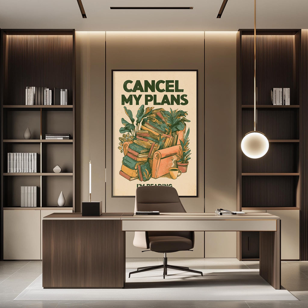 a modern office space with a desk, chair, and shelving units. A large poster on the wall says "CANCEL MY PLANTS" and there is a plant in a pot on the desk.