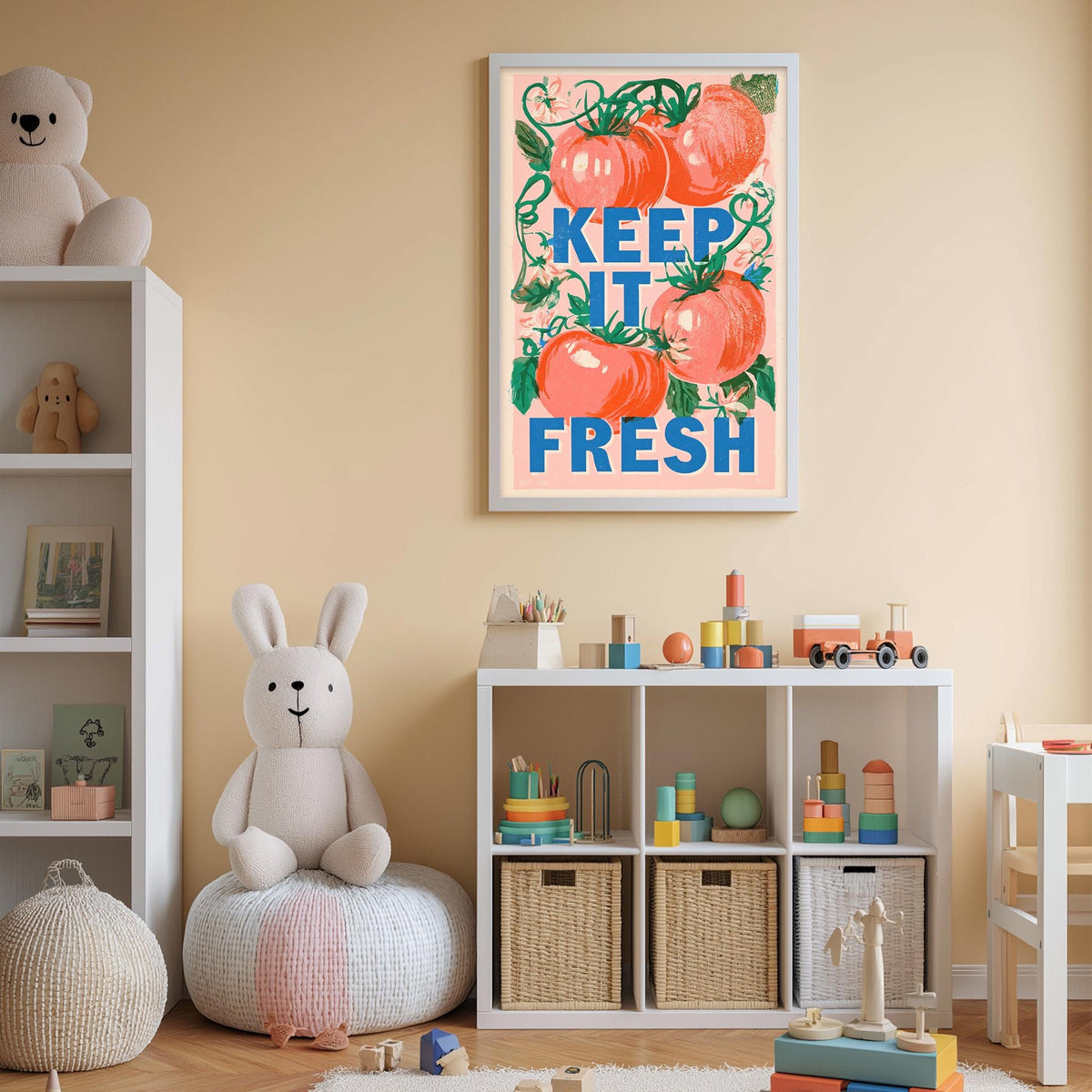 A child's bedroom with a stuffed rabbit, a shelf with toys, and a framed poster with the text "KEEP IT FRESH" above a shelf with toys.