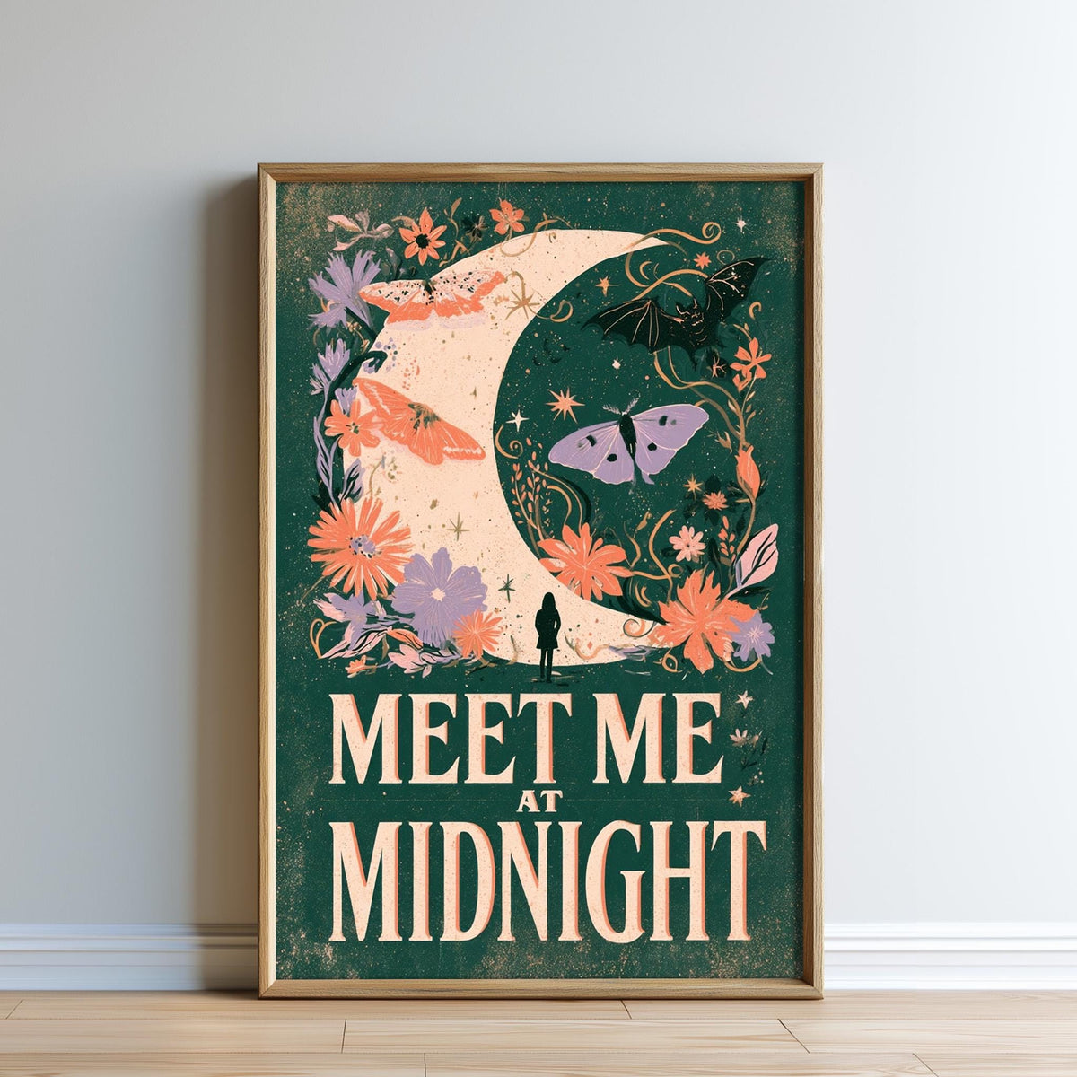 The image is a framed poster with a floral and moon-themed design, featuring a silhouette of a person standing in front of a crescent moon. The poster has the text "MEET ME AT MIDNIGHT" prominently displayed.