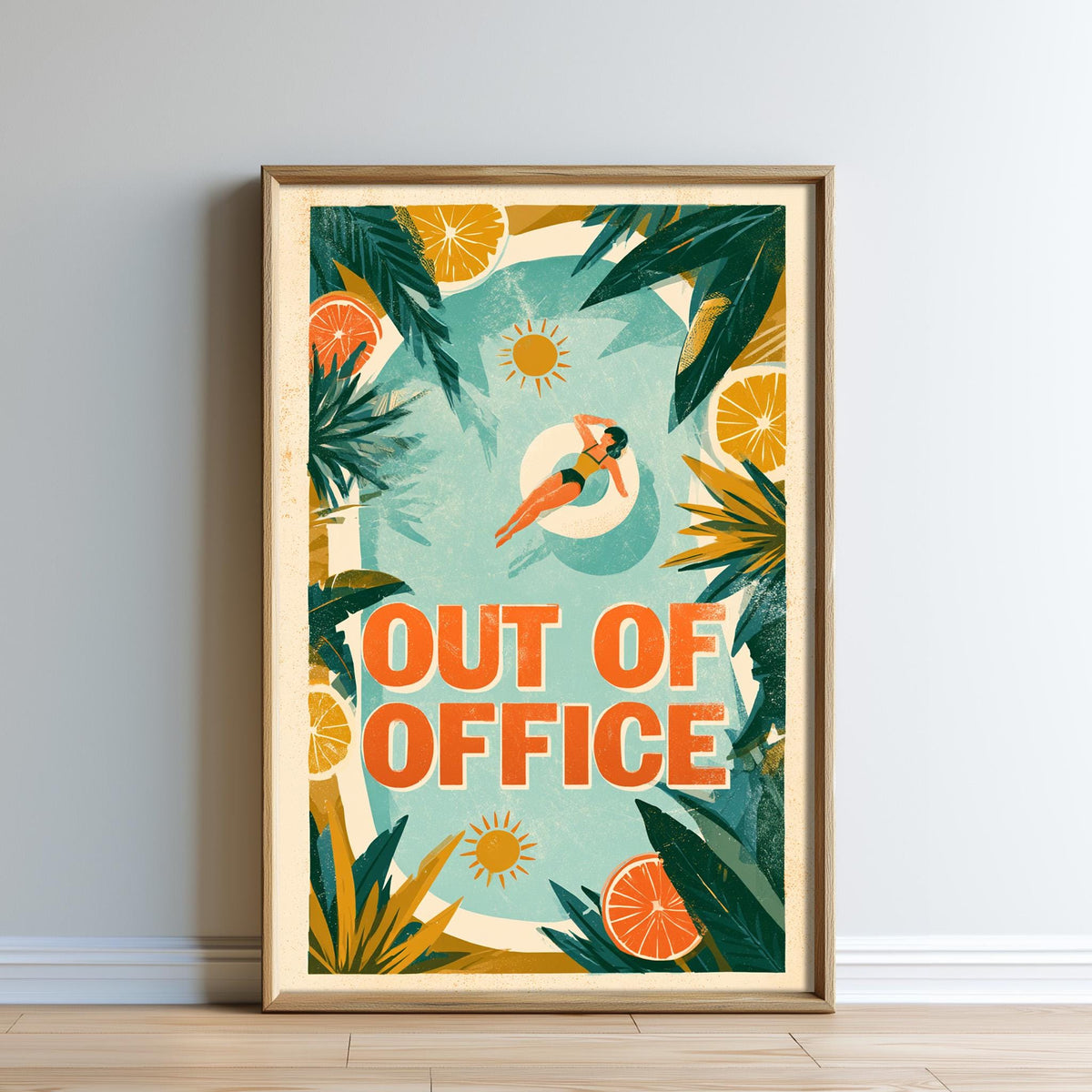 The image is a framed poster with a tropical beach scene and the text "OUT OF OFFICE" prominently displayed.