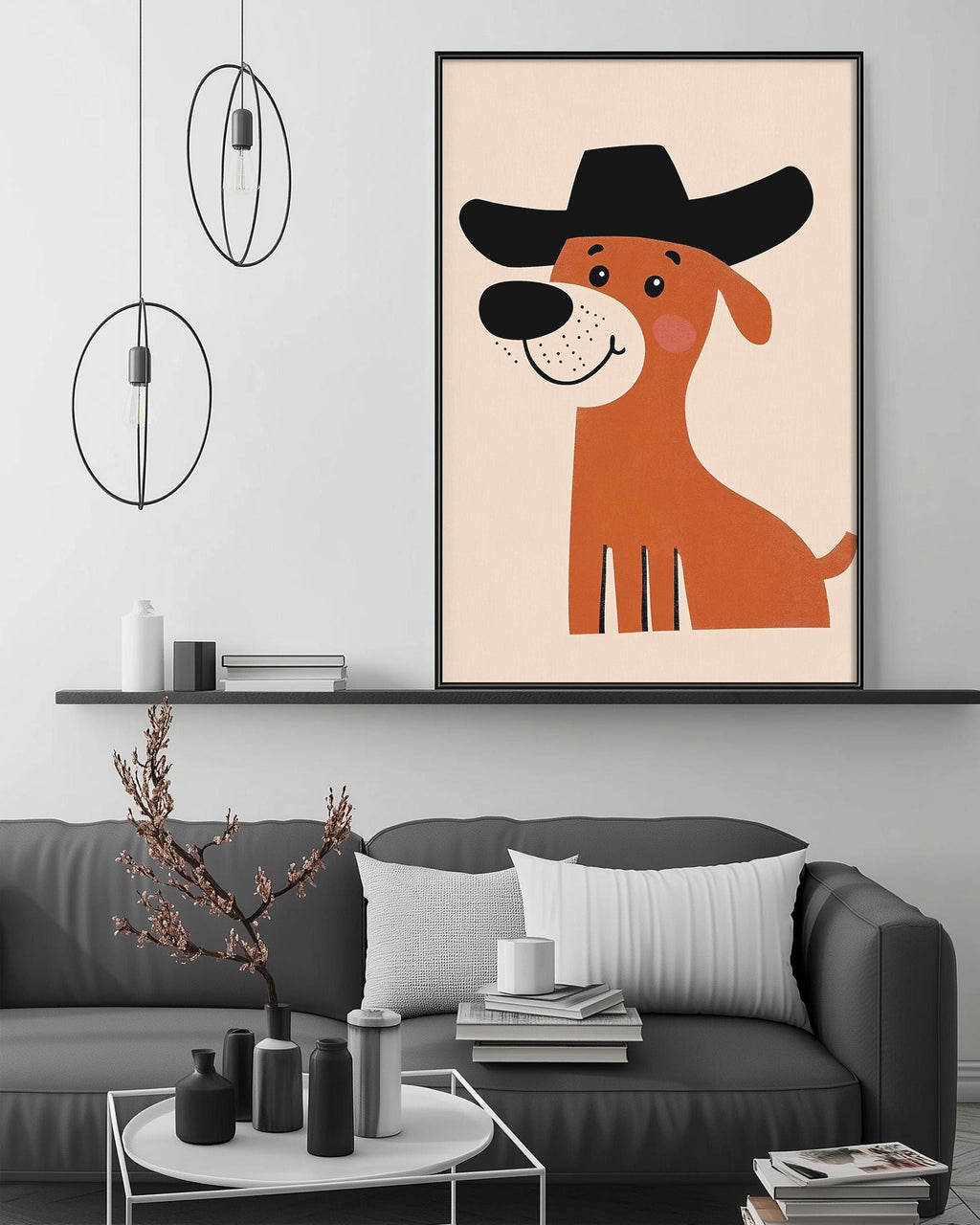a cozy living room with a gray couch, a coffee table, and a large framed picture of a cartoon dog wearing a cowboy hat.