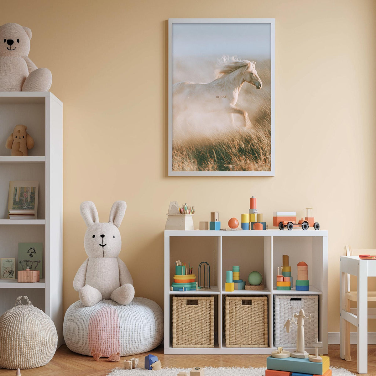 A cozy children's room with a white rabbit sitting on a bean bag chair, surrounded by various toys and storage bins. A framed picture of a horse running in the distance is displayed on the wall, and a shelf holds additional stuffed animals and toys.