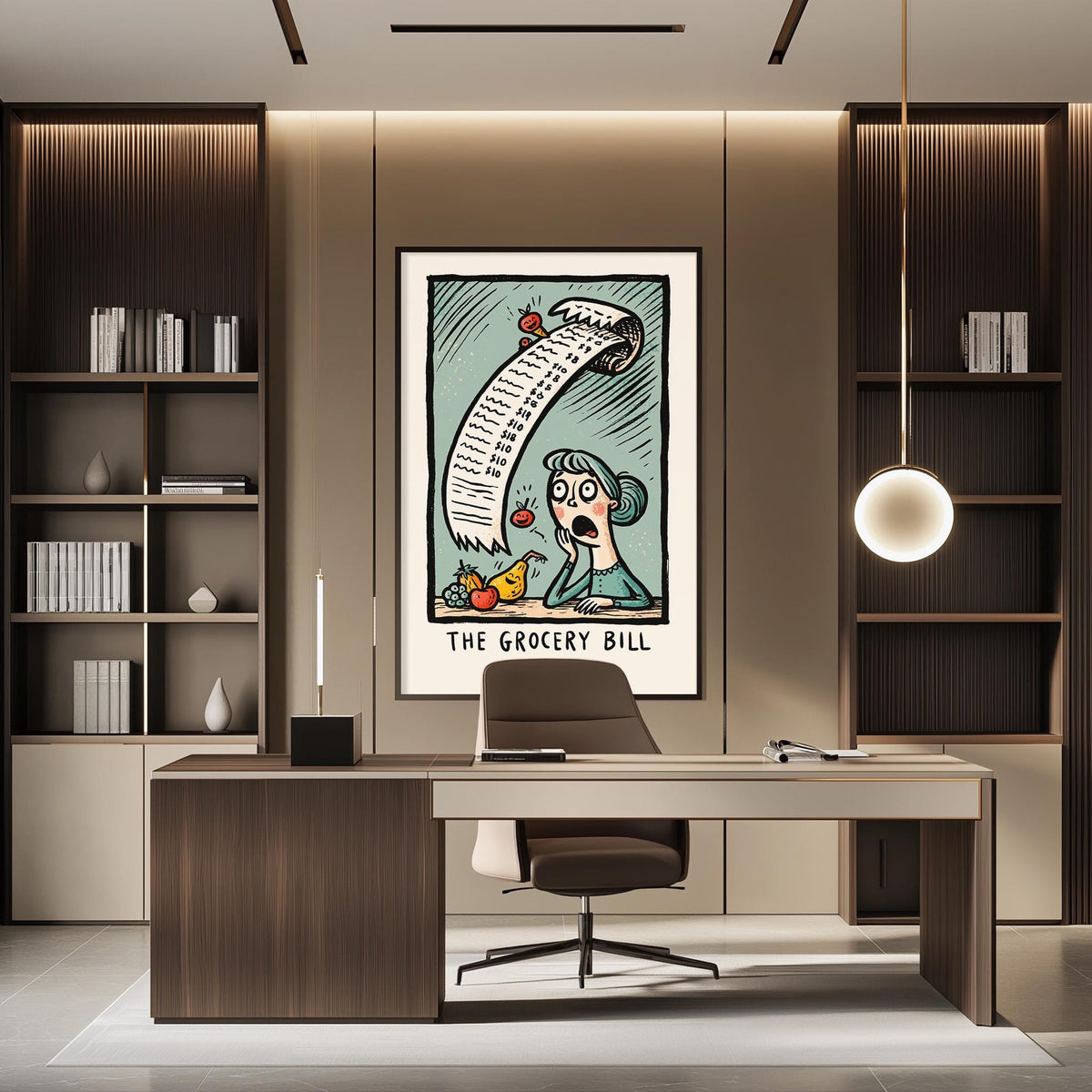 a modern office space with a desk, chair, and bookshelves. A large framed poster of a cartoon character with a grocery list hangs on the wall above the desk.