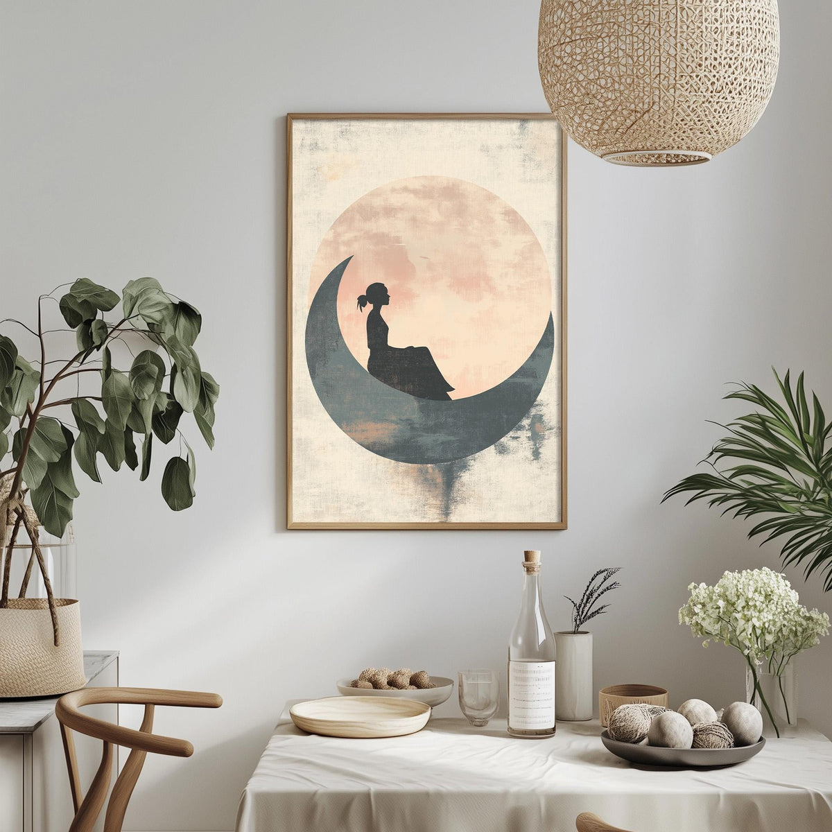 a framed artwork of a woman sitting on a crescent moon, hanging on a wall above a dining table with various decorative items and plants.