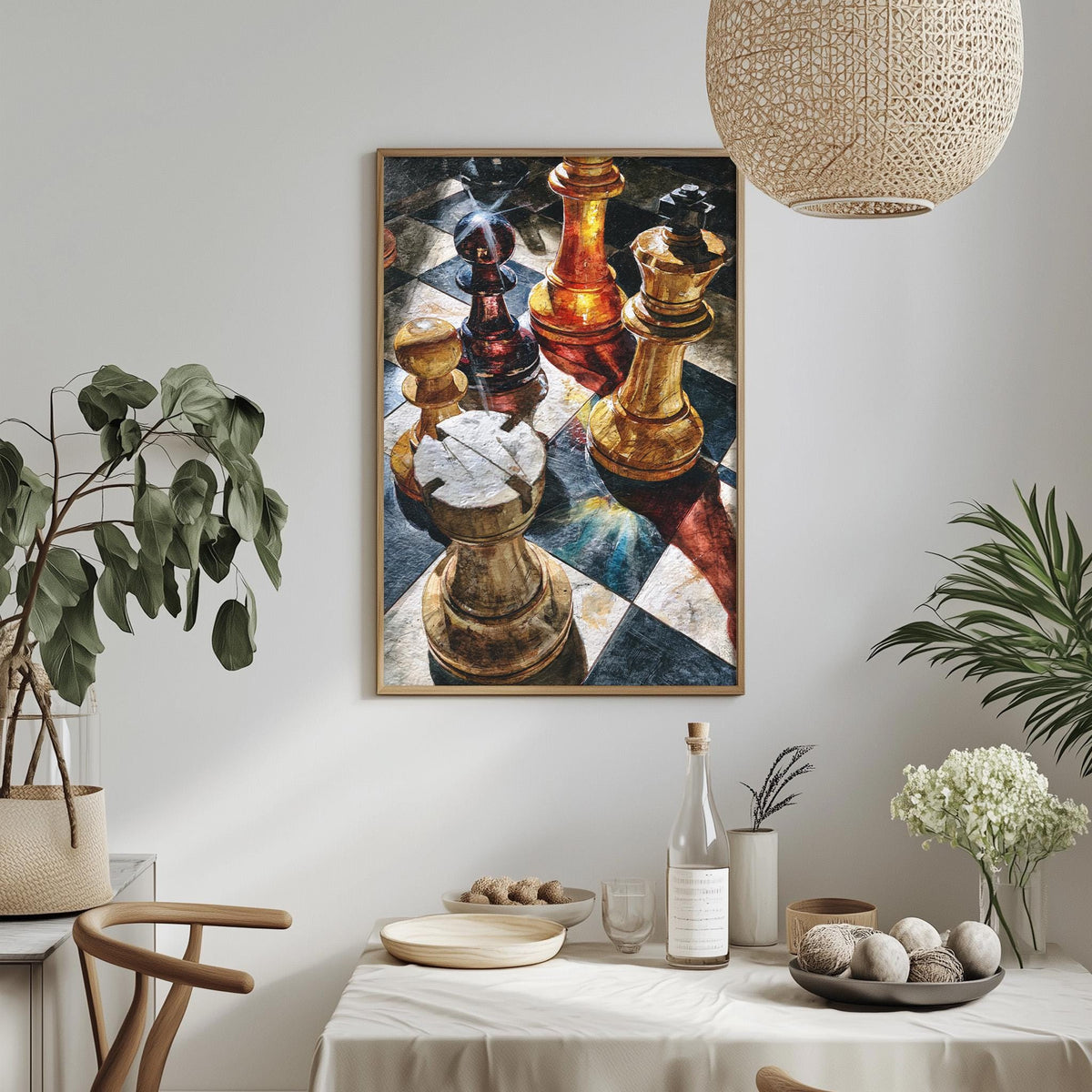 a dining table with a white tablecloth, a bowl of fruit, a bottle, and a vase with flowers. Above the table, there is a framed painting of chess pieces on a checkered tablecloth.