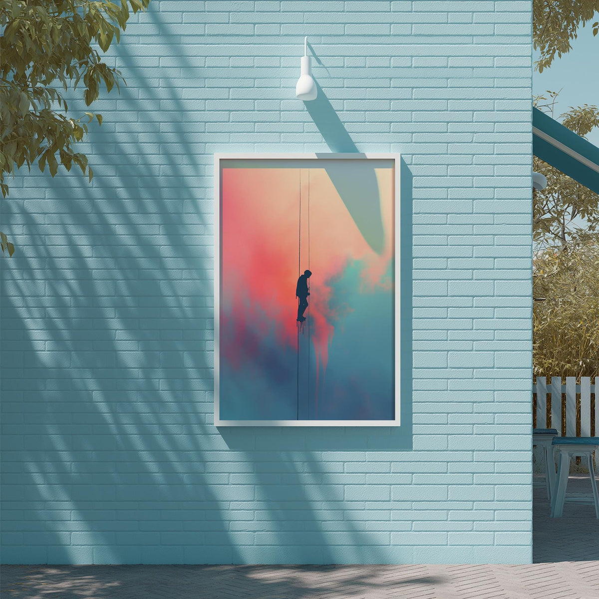 a blue brick wall with a framed painting of a person climbing a ladder.